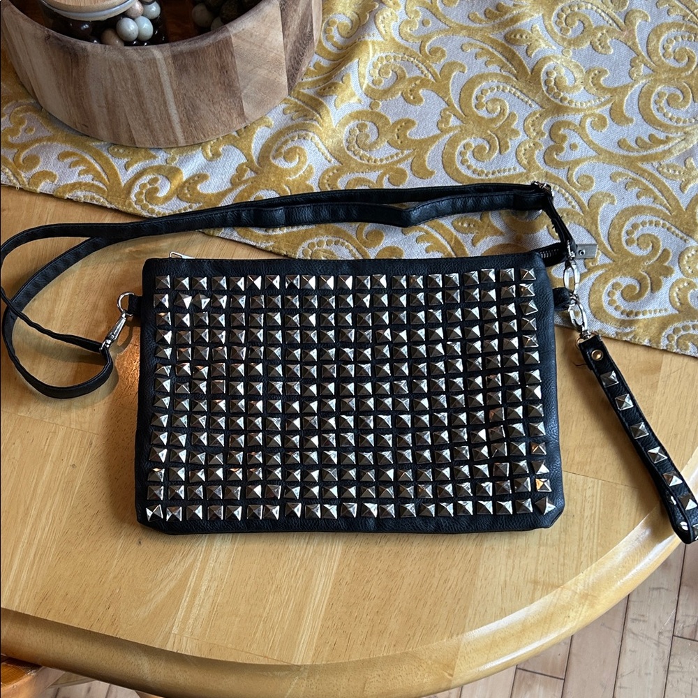 Black Studded Wristlet Clutch - Versatile Crossbody